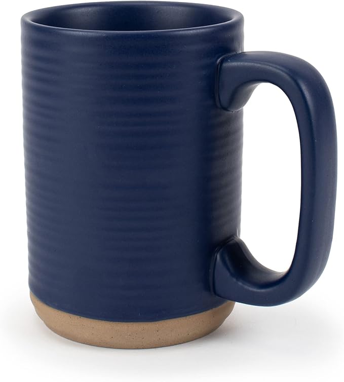 Elanze Designs Tall Ribbed Raw Clay Bottom Navy Blue 16 ounce Ceramic Coffee Mugs Set of 4