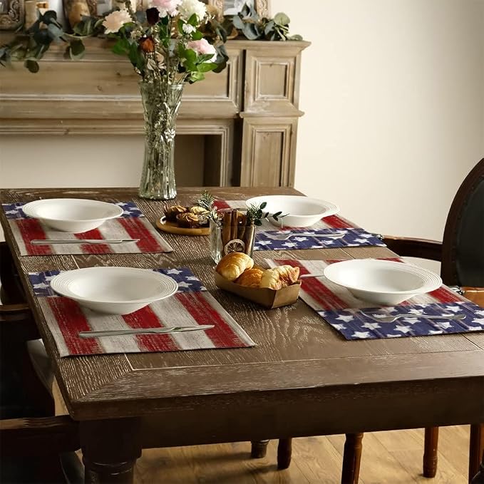 Bloss Patriotic 4th of July Placemats Set of 6, Memorial Day 12" x 18" Linen Table Mats for Party Kitchen Dining Decoration, Retro Vintage Independence Day Disposable Place Mats