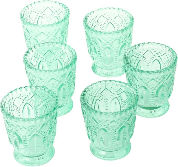 Koyal Wholesale Vintage Glass Candle Holder - Mint Green Tea Light Candle Holders - Mint Green Party Decor, Kitchen Decor, Weddings & Birthdays Easter Decorations for Table - 3 X 2.75 (Pack of 6)