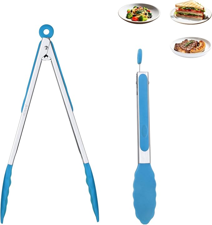 9+12 Inch Blue Salad Tongs 2-Piece Set, Silicone with 304 Stainless Steel Core & Non-Slip Grip, Kitchen Utensils for Grilling Salad