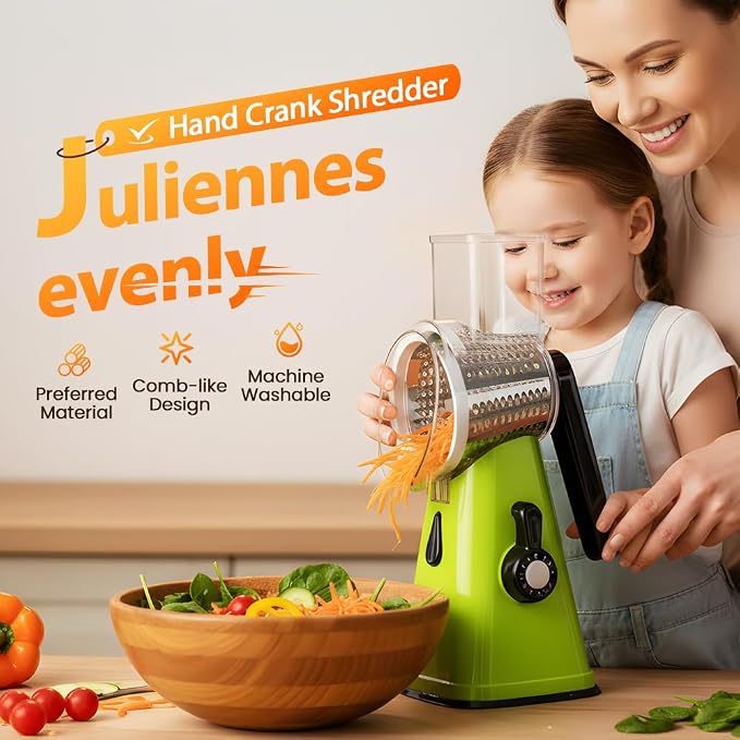 5 In 1 Food Chopper, 2026 New Rotary Cheese Grater - 3 Interchangeable Blades Manual Speed Round Food Slicer, Nut Grinder with Strong Suction Base (White)