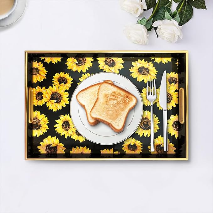Sunflower Black Decorative Tray Set of 2, Plastic Serving Tray with Handles, Rectangular Coffee Table Tray, Nesting Trays for Living Room, Bathroom, Ottoman