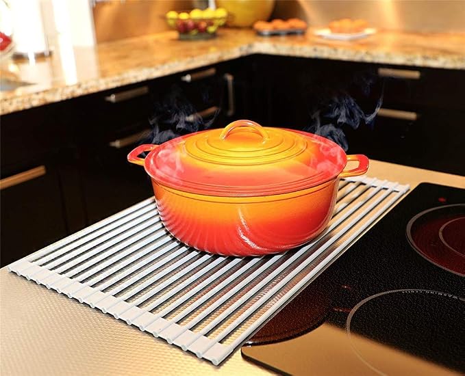 Roll Up Dish Drying Rack Over The Sink.Foldable Kitchen Drainer,Fully Silicone Cover Stainless Steel Bar,Heat-Resistant, Anti-Slip Sink Rack for Kitchen Counter Multipurpose.