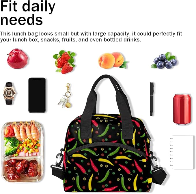 Colurful Chili Insulated Lunch Bag for Women Men Reusable Lunch Box Cooler Bag Large Leakproof Lunch Tote with Adjustable Shoulder Strap for Adult Work Picnic Camping Beach Office