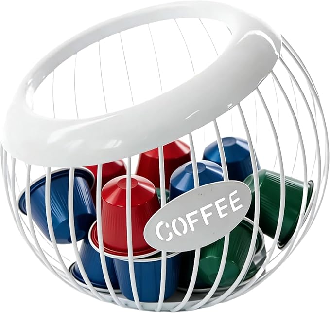 Metal Coffee Pod Holder Wire Coffee Pods Storage Basket Espresso Capsule Storage for Home Kitchen Cafe Hotel (White spherical)