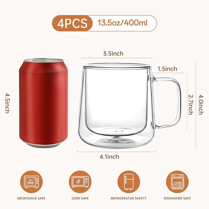 Aurzen 13oz Glass Coffee Mugs,Double Wall Insulated Glass Cups with Handle,Clear Espresso Mugs for Latte,Cappuccino,Tea Bag (4, 13oz)