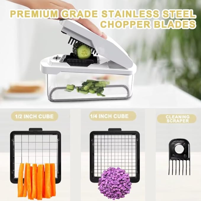 Vegetable Chopper with Container - 15-in-1 Mandoline Slicer, Food Dicer, Onion Cutter & Cheese Grater - Manual Veggie Chopper with Storage, Stainless Steel Blades