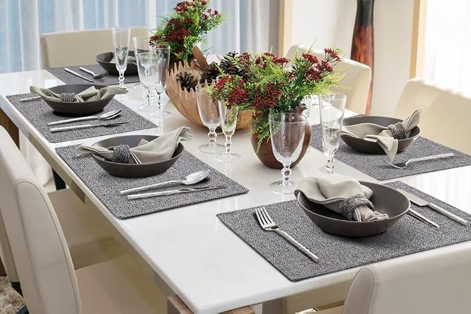 homing Faux Cotton Linen Placemats Set of 4, Cloth Washable Farmhouse Dining Table Mats for Indoors & Outdoors, Easy to Clean, Dark Grey, 13 x 19 Inch