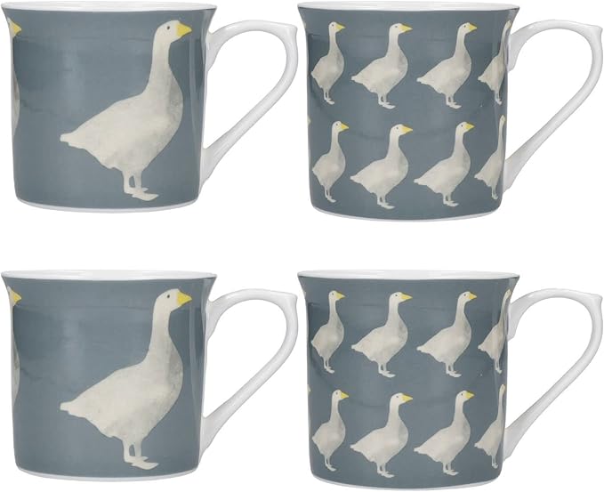 KitchenCraft Country Grey Glazed Stoneware Geese Set of 4 Fluted Tea Coffee Mugs 300ml