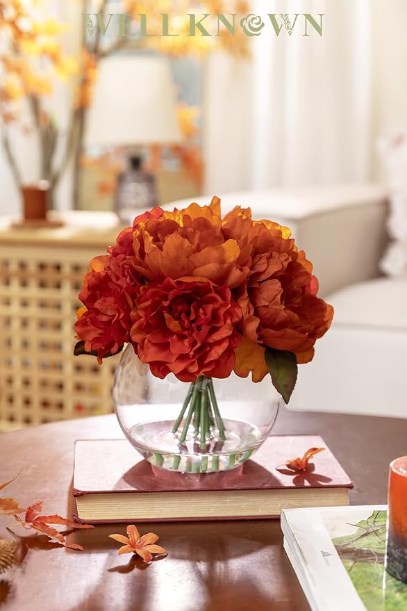 Artificial Flowers in Vase, Silk Peonies Flowers with Faux Water, Burnt Orange Fake Flower Arrangement for Summer Autumn Home Wedding Birthday Party Dining Table Centerpieces Decor & Mom's Gift