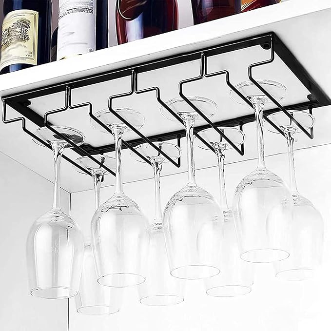 Wine Glass Holder Under Cabinet - Hanging Stemware Holder, Wine Glasses Storage Hanger Metal Organizer for Cabinet Kitchen Bar (4 Rows)
