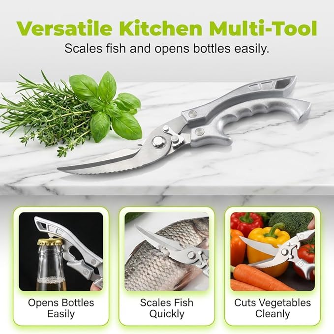 Multi-Purpose Kitchen Shears, 2026 Upgraded Heavy Duty Stainless Steel Kitchen Scissors, with Spring Loaded Handle, Stainless Steel Bone Cut Kitchen Scissors Poultry Shears (2)