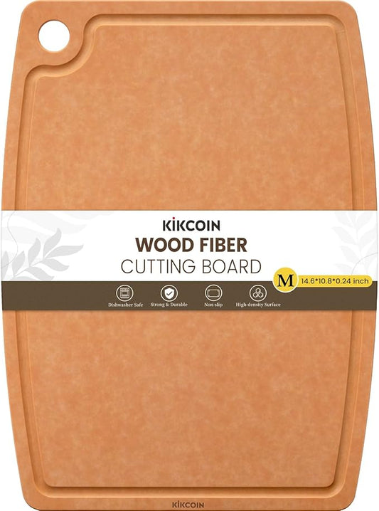 Kikcoin Wood Cutting Board, Cutting Boards for Kitchen Dishwasher Safe Non-slip Chopping Board with Juice Groove, Wood Fiber Composite Cutting Board with Hanging Hole, 14.6"*10.8"