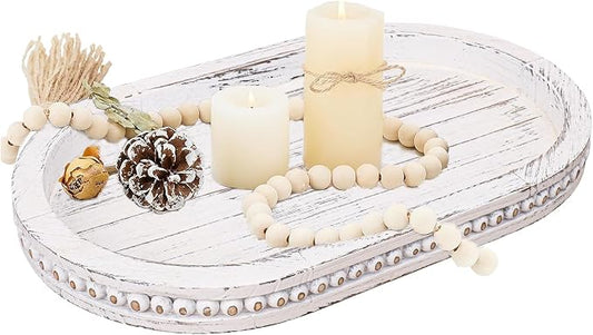 15.15 Inch Decorative Wood Serving Oval Tray - Artistic White Washed Bead Oval Trays, Rustic Wooden Oval Trays for Coffee Table, Living Room, and Dining Room Decor, Organizer