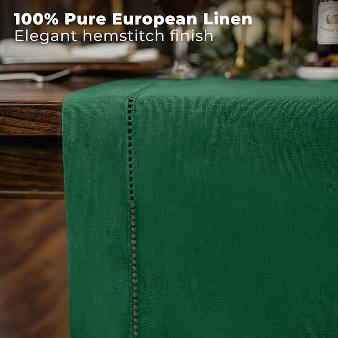 Signature Linen™ by D'Moksha Eden Green Table Runner 90 Inches Long, 100% Pure Linen, Hemstitch, 14 x 90 Inch Table Runner for Dresser, Dining- Summer, Father's Day