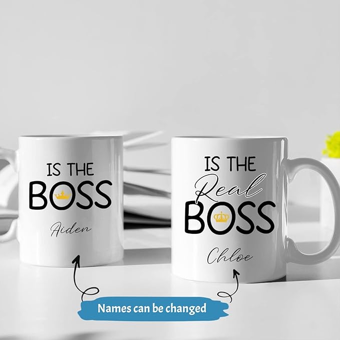Personalized Couple Coffee Mug Cup Gifts For Husband And Wife, The Real Boss Mug Set, Couples Porcelain Mug, Lover Mug, Custom Name Mugs, Cup Gift For Him And Her, Set Of 2 White 11oz Or 15oz
