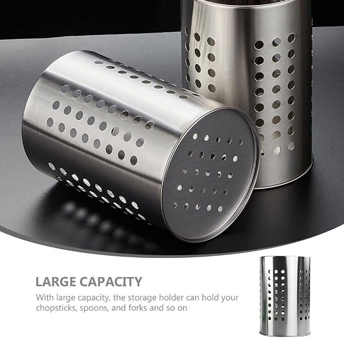 Unomor Stainless Steel Kitchen Utensil Holder with Drain Holes - 7.00 Inch Cutlery Organizer for Chopsticks Spoons & Forks - Countertop Storage for Kitchen Supplies