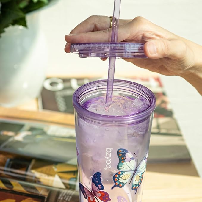 bzyoo SIP 24oz (710ml) Double Wall Plastic Tumbler with Lid and Straw Cold Drink Travel Mug Reusable Party Cup Perfect for Ice Coffee, Tea Office Poolside Parties Gifts Color: Butterfly Purple