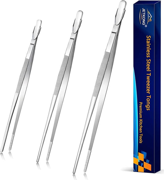 JETKONG 9 12 14 Inch Extra Long Kitchen Tweezers Heavy Duty Stainless Steel Cooking Tweezers, Set of 3 (Point Tips, Silver)