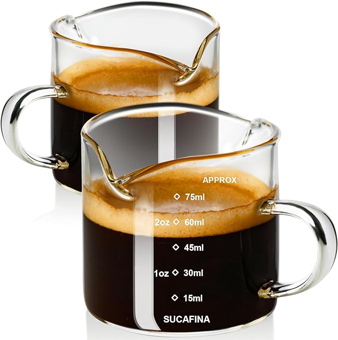 PARACITY Espresso Cup with Handle set of 2, Double Spout Glass Measuring Cup with Dual Scale, Espresso Shot Glass with V-Shaped Mouth, Clear Glass Milk Frothing Pitcher, Espresso Accessories