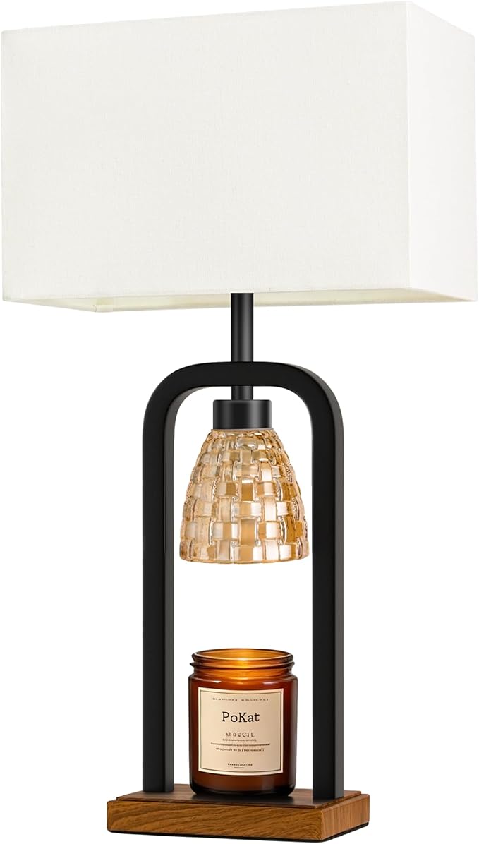 PoKat Electric Candle Warmer Lamp Black, Candle Lamp Warmer with Timer Dimmer & Wood-Like Base, Wax Light Warmer Lamp Jar Candles, Farmhouse Table Lamp for House Warming New Home Decor, Bulb Included
