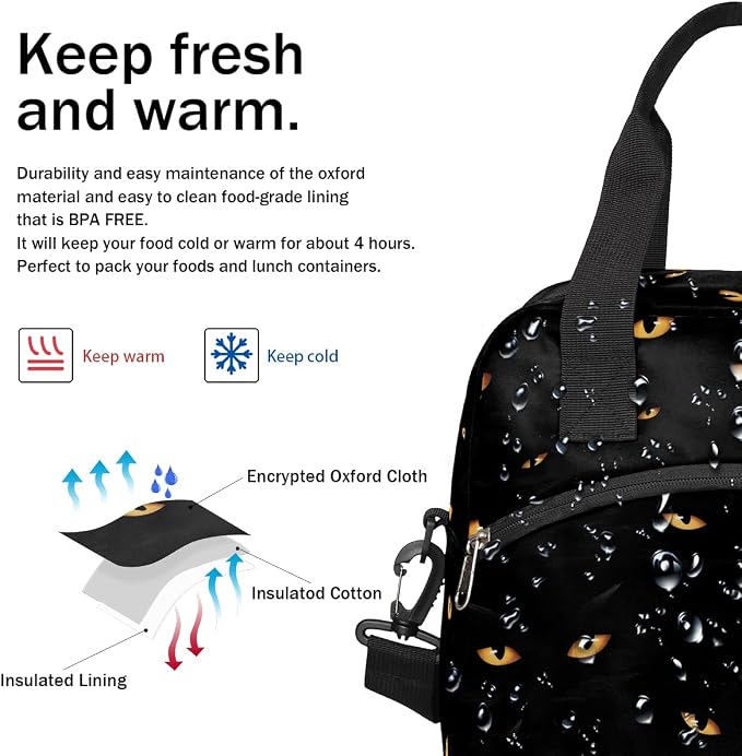 Pardick Halloween Eyes Black Insulated Lunch Bag for Women Leakproof Lunch Box Large Cooler Thermal Tote Bag with Shoulder Strap Meal Prep Bags for Work School Office Picnic Teen Girls Adult