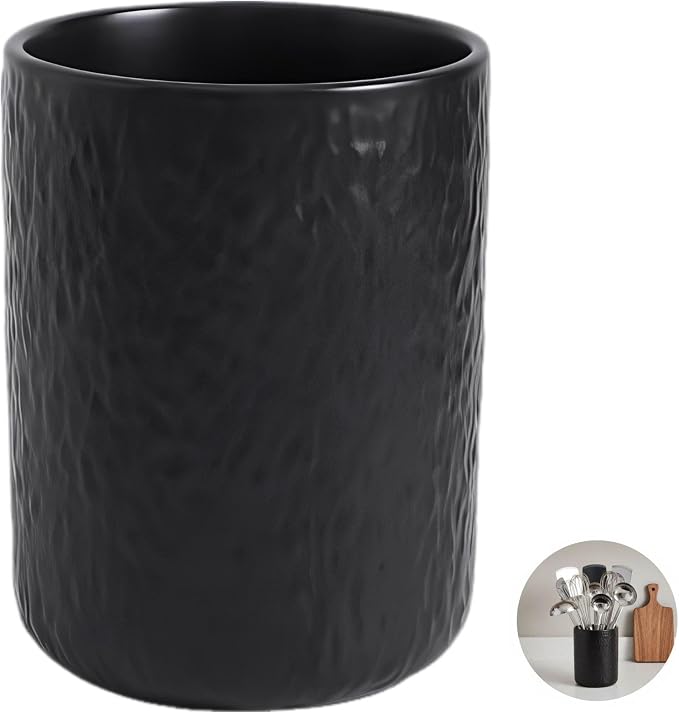 Large Ceramic Kitchen Utensil Holder, Black, Space-Saving, Easy Access, 6.3 In / 16 Cm High, Wide Opening, Countertop Organizer For Cooking Utensils, Rock Texture