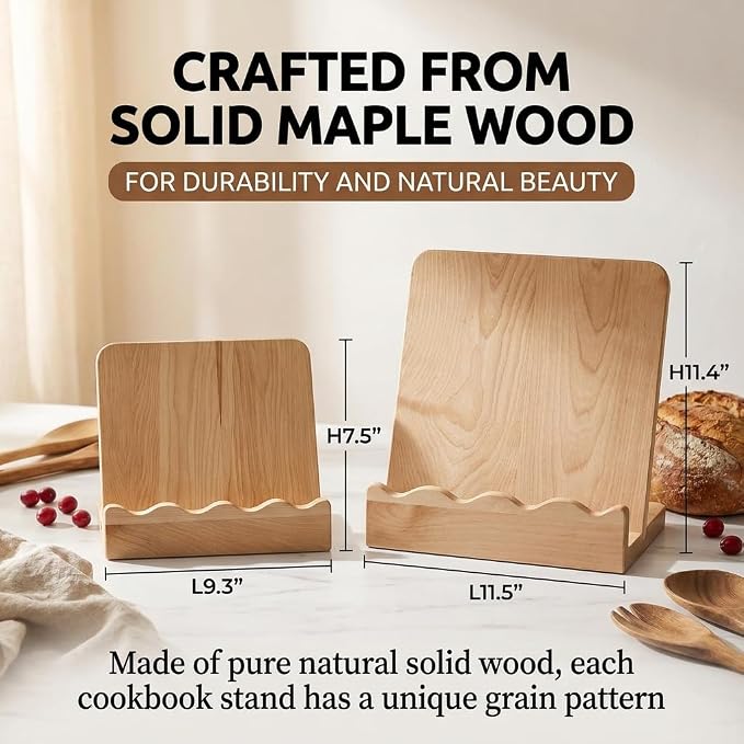 2-in-1 Wooden Cookbook Stand & Cutting Board, Maple Kitchen Decor | Type: Cookbook Stand + Removable Cutting Board | Material: Solid Maple Wood | Design: Scalloped Edge, Artistic Flair |