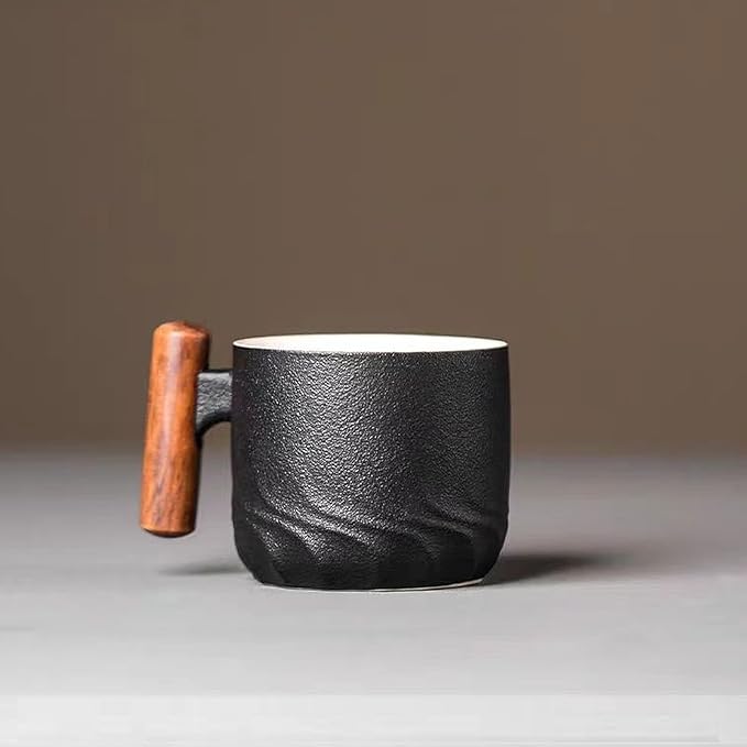 2.5oz Ceramic Espresso Cups with Wooden Handle, Chinese KungFu Tea Cup, Coffee Cups Set of 4 (Black/White)