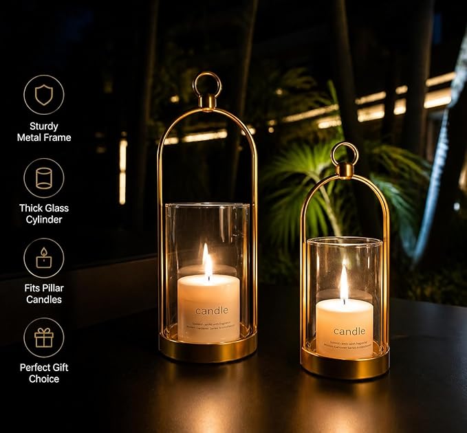 Gold Glass Candle Holder Set of 2, Modern Decorative Hurricane Candle Holders with Thick Glass Cylinder & Vintage Metal Frame for Table Centerpiece, Living Room, Shelf & Dining Table Decor