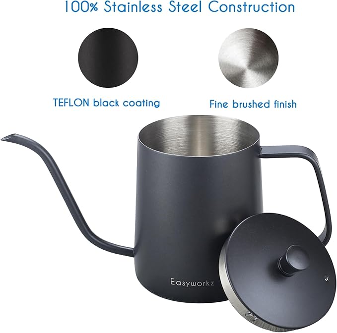 Easyworkz Gooseneck Pour Over Coffee Kettle 30 fl oz Stainless Steel Hand Drip Coffee Pot With Long Narrow Spout, Suitable for Induction Cookers, Black