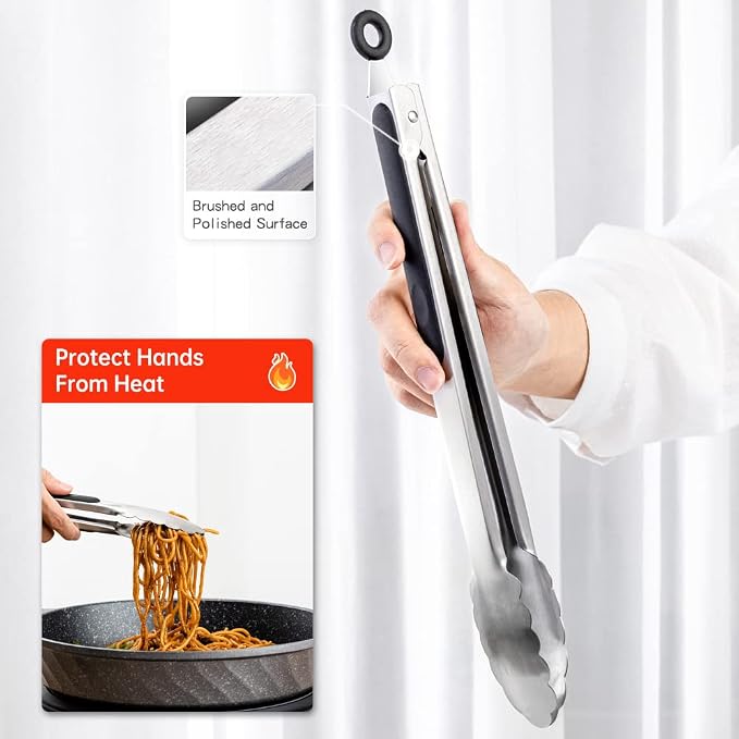9 & 12 Inch Kitchen Tongs, Stainless Steel Metal Tongs Cooking Tongs, for Cooking Barbecue, BBQ Grilling, Buffet Serving (9"+12") | For Cooking/Serving/Grilling | Heat-Resistant | Dishwasher Safe