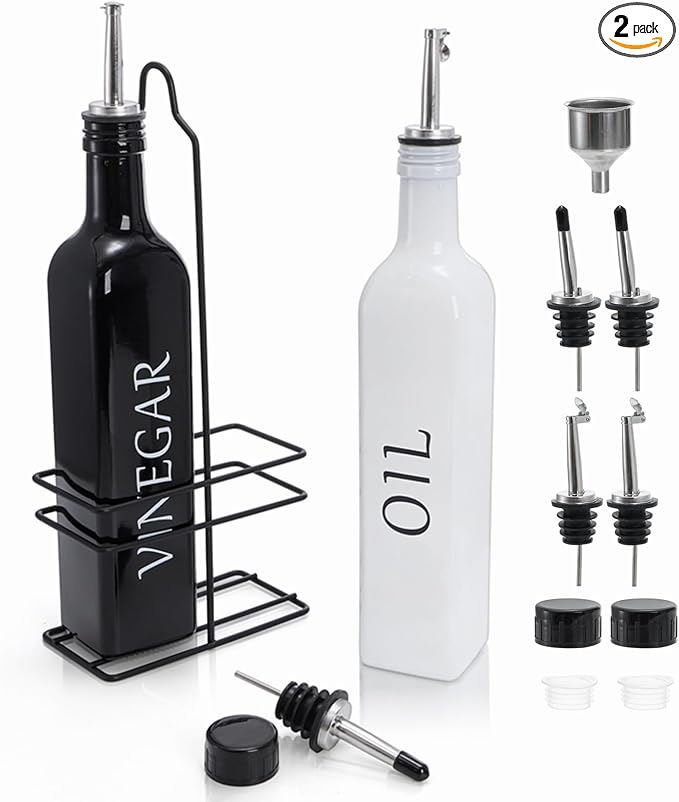 Tebery 2 Pack Oil and Vinegar Dispenser Set with Caddy Holder, 17oz Black & White Olive Oil Dispenser Bottle, Cute Modern Vintage Glass Cruet for Kitchen