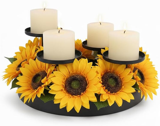 Circular Candle Holder, Black Metal Candle Stand, 4-Pillar Tiered Design | for Scented Candles, Pillar Candles | Creative Home Decor | Diameter 20CM/7.9 Inches (NO Flowers & Candles)