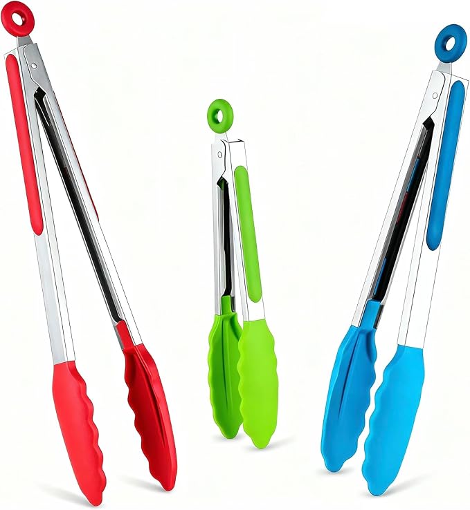 Kitchen Tongs Set of 3, Cooking Tongs with Silicone Tips, Non-Stick Non-Scratch Heat Resistant Tongs for Grilling Cooking BBQ Salad Serving (Multicolor, 7/9/12 Inch)