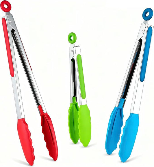 Kitchen Tongs Set of 3, Cooking Tongs with Silicone Tips, Non-Stick Non-Scratch Heat Resistant Tongs for Grilling Cooking BBQ Salad Serving (Multicolor, 7/9/12 Inch)