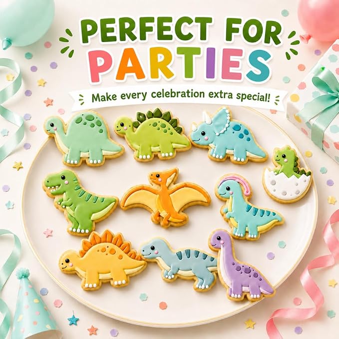 10-Pack Dinosaur Cookie Cutters, Stainless Steel Dino Baking Set | T-Rex, Triceratops and assorted dino shapes for cookies, fondant and sandwiches
