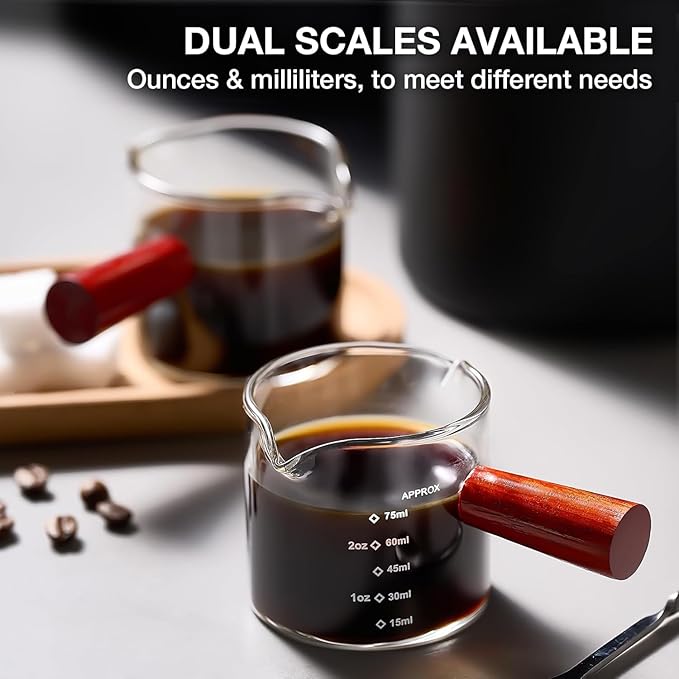 2 Pack Espresso Measuring Cups Glass, Small Measuring Double Shot Glass with Wood Handle, Clear Accessories, Coffee Measuring Cup, with V-Shaped Mouth, Milk Pitcher