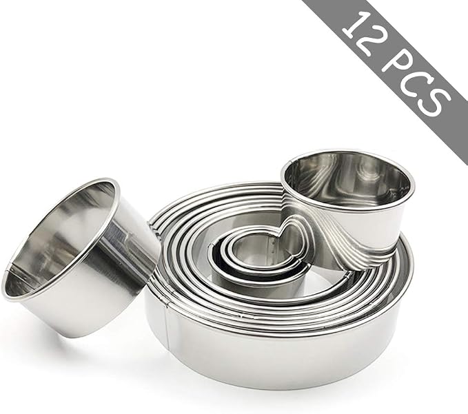 Stainless Steel Round Cookie Cutter Set, 12 Circular Biscuit Cutters Round Donut Ring Molds for Baking 1.2 Inch Height