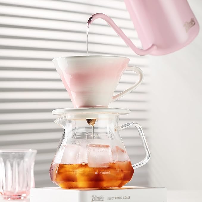 Bincoo Pour Over Coffee Maker & Dripper with Handle and Saucer, Origami-Style Ceramic Pour Over Coffee Filter, Reusable Porcelain Coffee Brewer Compatible with Standard Coffee Filter Papers（Pink）