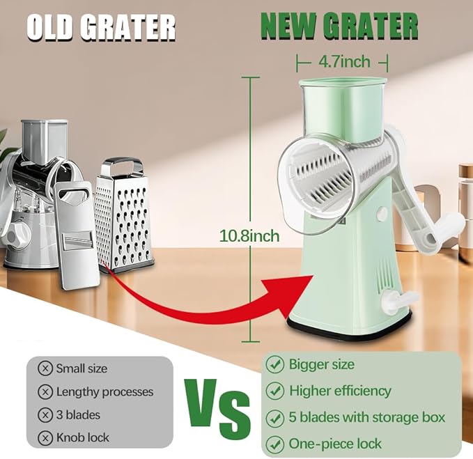 VEKAYA Rotary Cheese Grater, 5 in 1 Cheese Grater with Handle, Replaceable Stainless Blades Cheese Shredder, Cheese Vegetable Slicer, Easy to Clean Kitchen Gadgets with Storage Box