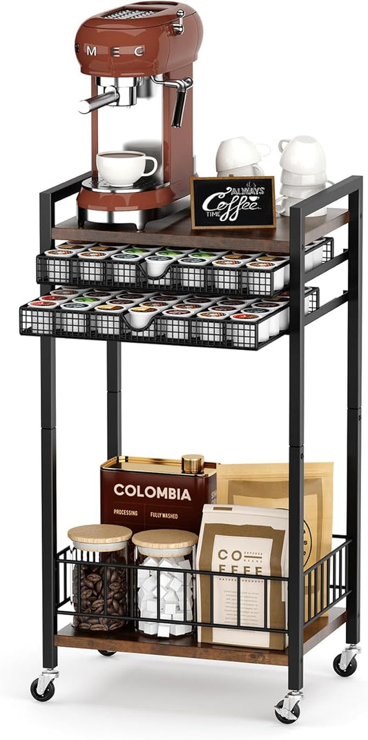 Miratino Coffee Cart Station, 4-Tier Coffee Station Organizer with Lockable Wheels, Coffee Pod Holder Drawer Holds 84 Pods, Coffee Bar Cart for Kitchen, Living Room, Office, Rustic Brown