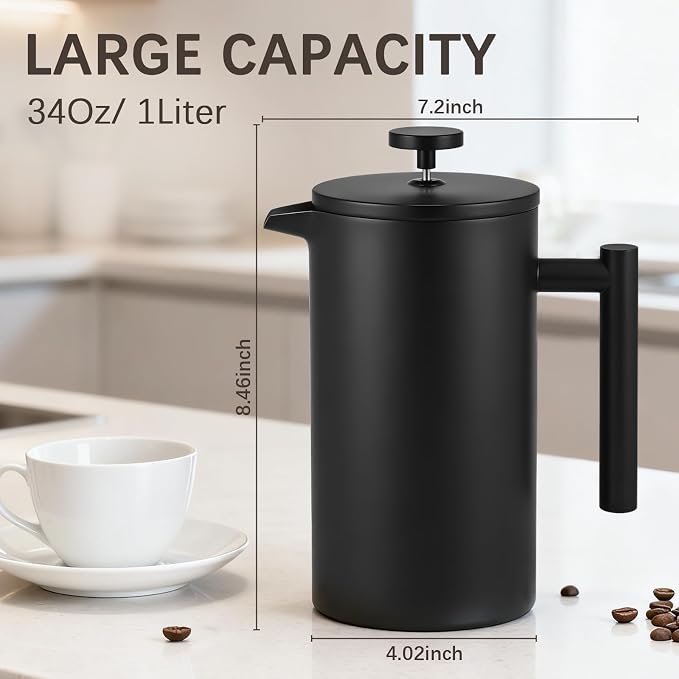 French Press Coffee Maker, 304 Grade Stainless Steel French Press with 2 Extra Filters for Home, Office, Travel, Camping - 34OZ/2 Litre (Black)