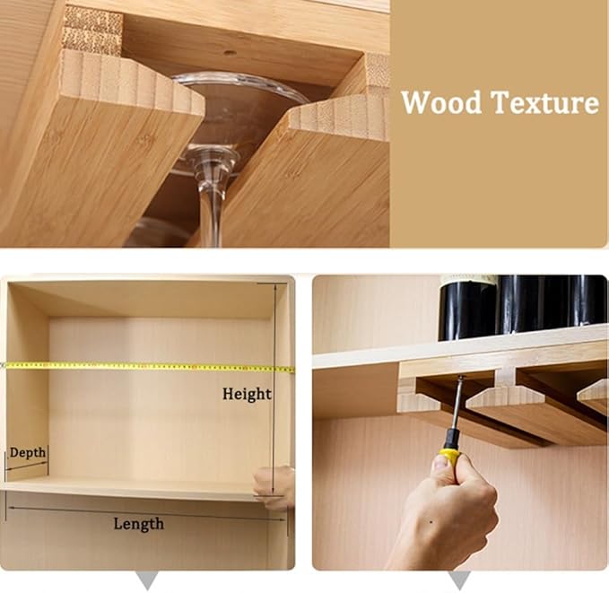 4 Sectional Under Cabinet Wood Wine Glass Rack，Hanging Shelf Stemware Rack Bar Organizer with Up to 1 Row 2 Wine Glass Storage(3 Rows)