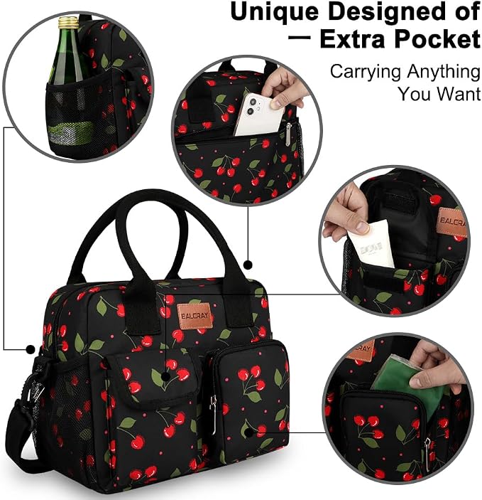 BALORAY Lunch Bag for Women Men Insulated Lunch Box for Adult Reusable Lunch Tote Bag for Work, Picnic or Travel (Cherry with strap,L)