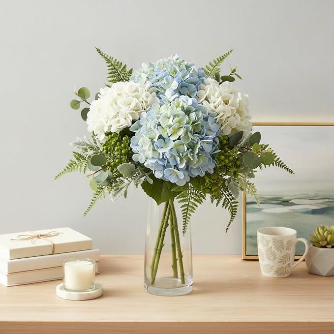 Leftover 4 Pcs Hydrangea Artificial Flowers,21" Real Touch Faux Hydrangea Flowers and 3 PCS Butterflies for Hydrangea Decor,Floral Arrangements for Centerpiece Table Decorations,Home Decor