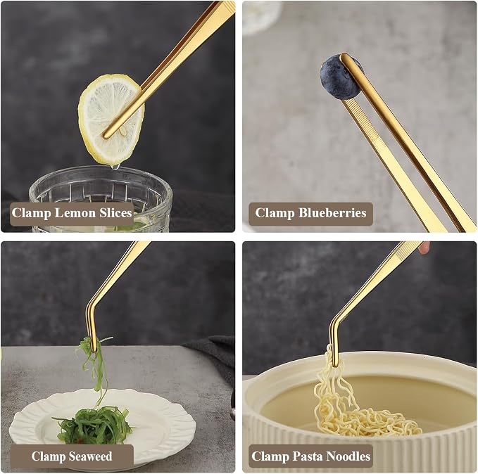 Berglander Kitchen Tweezers Tongs 2pcs, 12" Extra-Long Titanium Gold Plating Stainless Steel Metal Heavy Duty Cooking Tweezers for Chef, Serving Food, Grill, Culinary, Pasta, Salad, BBQ