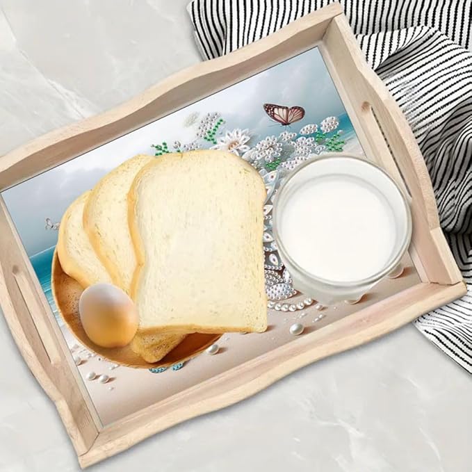 DIY Diamond Serving Tray Diamond Art Painting Creative Design Handmade Wooden Tray Dinner Plate for Coffee Breakfast Home Organizer-Beach Flowers