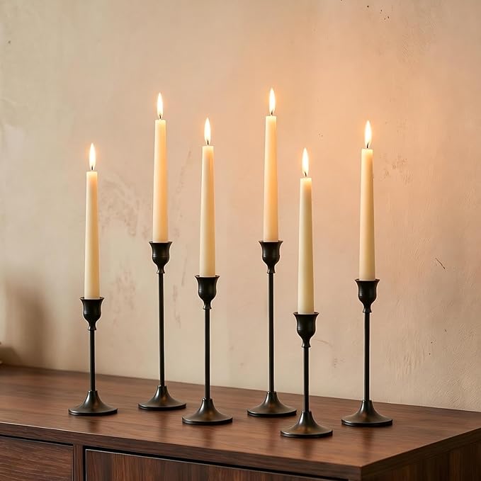 Nuptio Black Candle Holder Candlestick Holders Candle Sticks Holder Tapered Candle Holder Gothic Taper Candle Holders for Halloween Christmas Party Mantel Dinner Home Decoration 2 Sets(6 Pcs)