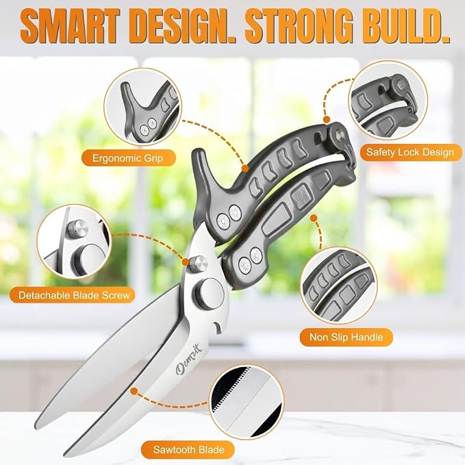 Poultry Shears Heavy Duty Professional, Turkey Shears for Chicken & Bone Cutting, Meat Cutting Scissors, Spring-Loaded Multi-purpose Kitchen Scissors, Dishwasher Safe, Non-Slip Handle, Silver